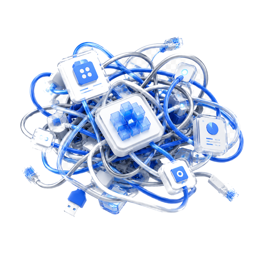 A tangled knot of cables and disconnected tools